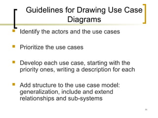 11
Guidelines for Drawing Use Case
Diagrams
 Identify the actors and the use cases
 Prioritize the use cases
 Develop each use case, starting with the
priority ones, writing a description for each
 Add structure to the use case model:
generalization, include and extend
relationships and sub-systems
 