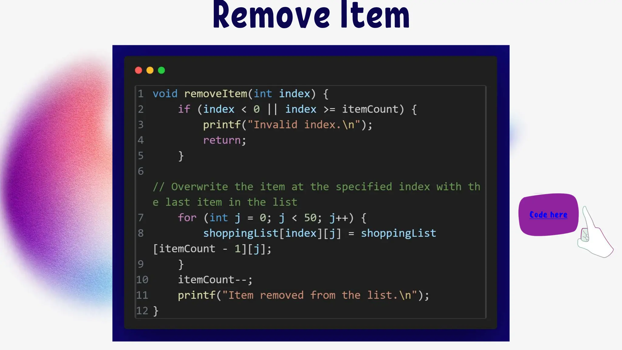 Remove Item Code here 