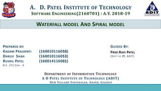 WATERFALL MODEL AND SPIRAL MODEL
A. D. PATEL INSTITUTE OF TECHNOLOGY
SOFTWARE ENGINEERING(2160701) : A.Y. 2018-19
DEPARTMENT OF INFORMATION TECHNOLOGY
A D PATEL INSTITUTE OF TECHNOLOGY (ADIT)
NEW VALLABH VIDYANAGAR, ANAND, GUJARAT
GUIDED BY:
PROF.RAVI PATEL
(DEPT OF IT, ADIT)
PREPARED BY:
KADAM PRAJAPATI (160010116050)
DHRUV SHAH (160010116053)
RUSHIL PATEL (160014116001)
B.E. (IT) SEM - 6
1
 