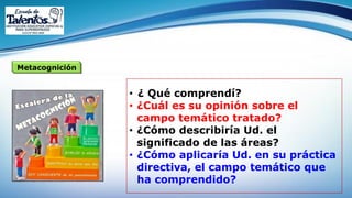 Metacognición
• ¿ Qué comprendí?
• ¿Cuál es su opinión sobre el
campo temático tratado?
• ¿Cómo describiría Ud. el
significado de las áreas?
• ¿Cómo aplicaría Ud. en su práctica
directiva, el campo temático que
ha comprendido?
 