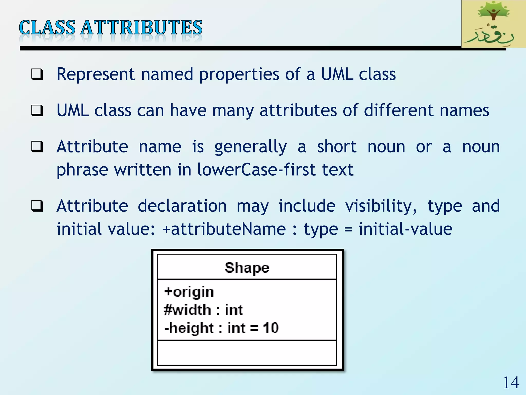 14
 Represent named properties of a UML class
 UML class can have many attributes of different names
 Attribute name is generally a short noun or a noun
phrase written in lowerCase-first text
 Attribute declaration may include visibility, type and
initial value: +attributeName : type = initial-value
 