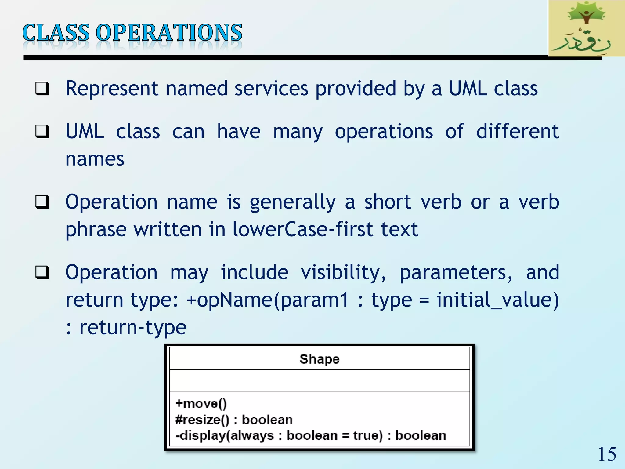 15
 Represent named services provided by a UML class
 UML class can have many operations of different
names
 Operation name is generally a short verb or a verb
phrase written in lowerCase-first text
 Operation may include visibility, parameters, and
return type: +opName(param1 : type = initial_value)
: return-type
 