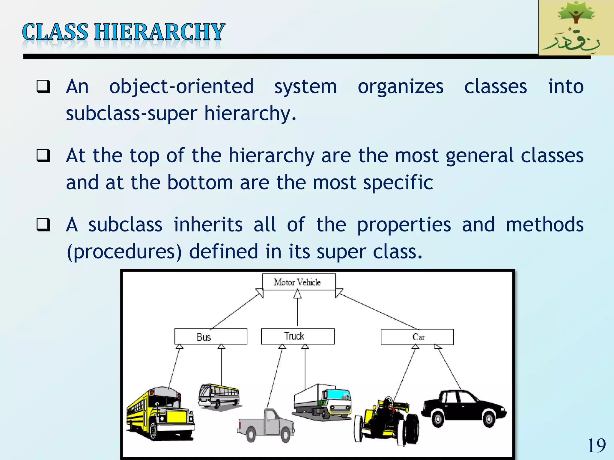 19
 An object-oriented system organizes classes into
subclass-super hierarchy.
 At the top of the hierarchy are the most general classes
and at the bottom are the most specific
 A subclass inherits all of the properties and methods
(procedures) defined in its super class.
 