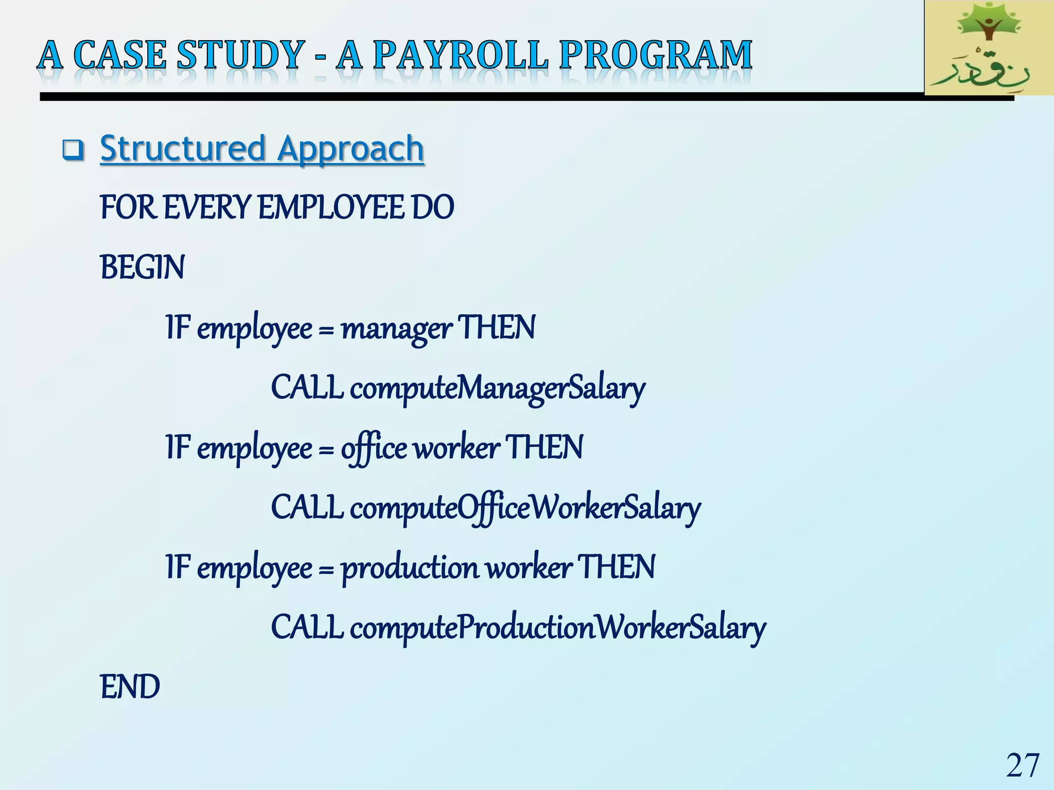 27
 Structured Approach
FOR EVERY EMPLOYEE DO
BEGIN
IF employee = manager THEN
CALL computeManagerSalary
IF employee = office worker THEN
CALL computeOfficeWorkerSalary
IF employee = production worker THEN
CALL computeProductionWorkerSalary
END
 