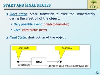 32
 Start state: State transition is executed immediately
during the creation of the object.
 Only possible event: create(parameter)
 Java: constructor (new)
 Final State: destruction of the object
 