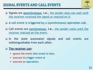 35
 Signals are asynchronous, i.e., the sender does not wait until
the receiver received the signal or reacted on it.
 A call event is triggered by a (synchronous) operation call.
 Call events are synchronous, i.e., the sender waits until the
receiver reacted on the event.
 In the state automaton signals and call events are
indistinguishable from each other.
 The receiver can:
 ignore the event (the event is lost),
 execute its trigger event or
 execute an operation.
 