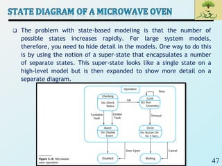 47
 The problem with state-based modeling is that the number of
possible states increases rapidly. For large system models,
therefore, you need to hide detail in the models. One way to do this
is by using the notion of a super-state that encapsulates a number
of separate states. This super-state looks like a single state on a
high-level model but is then expanded to show more detail on a
separate diagram.
 