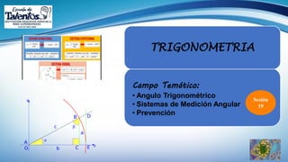 TRIGONOMETRIA
Sesión
19
Campo Temático:
• Angulo Trigonométrico
• Sistemas de Medición Angular
• Prevención
 