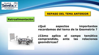 Retroalimentación
REPASO DEL TEMA ANTERIOR
¿Qué aspectos importantes
recordamos del tema de la Geometría ?
¿Cómo aplico el campo temático
comprendido, ante las relaciones
geométricas?
 