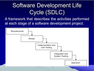 Software Development Life
Cycle (SDLC)
A framework that describes the activities performed
at each stage of a software development project.
1
 