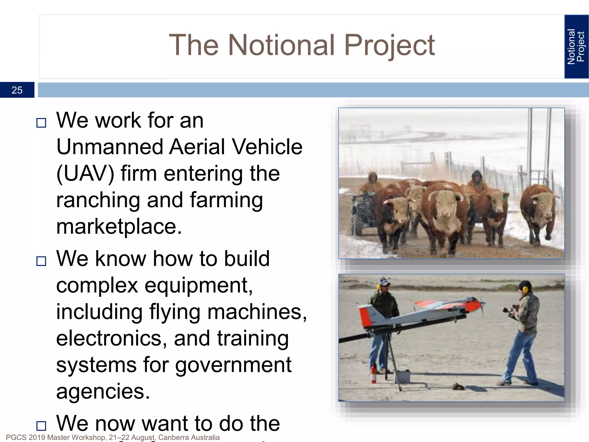 The Notional Project
25
PGCS 2019 Master Workshop, 21‒22 August, Canberra Australia
 We work for an
Unmanned Aerial Vehicle
(UAV) firm entering the
ranching and farming
marketplace.
 We know how to build
complex equipment,
including flying machines,
electronics, and training
systems for government
agencies.
 We now want to do the
Notional
Project
 
