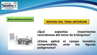 Retroalimentación
REPASO DEL TEMA ANTERIOR
¿Qué aspectos importantes
recordamos del tema de triángulos?
¿Cómo aplicó el campo temático
comprendido, ante las figuras
poligonales?
 