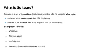 What is Software?
Software is a set of instructions (called programs) that tells the computer what to do.
🔹 Hardware is the physical part (like CPU, keyboard).
🔹 Software is the invisible part – the programs that run on hardware.
Examples of software:
● WhatsApp
● Microsoft Word
● YouTube App
● Operating Systems (like Windows, Android)
 