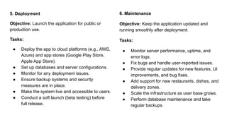 5. Deployment
Objective: Launch the application for public or
production use.
Tasks:
● Deploy the app to cloud platforms (e.g., AWS,
Azure) and app stores (Google Play Store,
Apple App Store).
● Set up databases and server configurations.
● Monitor for any deployment issues.
● Ensure backup systems and security
measures are in place.
● Make the system live and accessible to users.
● Conduct a soft launch (beta testing) before
full release.
6. Maintenance
Objective: Keep the application updated and
running smoothly after deployment.
Tasks:
● Monitor server performance, uptime, and
error logs.
● Fix bugs and handle user-reported issues.
● Provide regular updates for new features, UI
improvements, and bug fixes.
● Add support for new restaurants, dishes, and
delivery zones.
● Scale the infrastructure as user base grows.
● Perform database maintenance and take
regular backups.
 