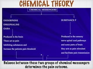 CHEMICAL THEORY
Balance between these two groups of chemical messengers
determines the pain outcome.
 