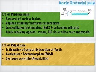 T/T of Dentinal pain
• Removal of carious lesion.
• Replace existing fractured restorations.
• Desensitizing toothpastes. (SnF2 & potassium nitrate)
• Tubule blocking agents - resins, GIC, Ca or silica cont. materials.
Acute Orofacial pain
T/T of Pulpal pain
• Extirpation of pulp or Extraction of Tooth.
• Analgesics : Acetaminophen (PCM)
• Systemic penicillin (Amoxicillin)
 