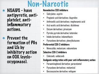 Non-Narcotic
NSAIDS - have
antipyretic, anti-
platelet, anti-
inﬂammatory
actions.
Prevent the
formation of PGs
and LTs by
inhibitory action
on COX (cyclo-
oxygenase).
 