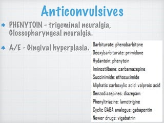 Anticonvulsives
PHENYTOIN - trigeminal neuralgia,
Glossopharyngeal neuralgia.
A/E - Gingival hyperplasia.
 