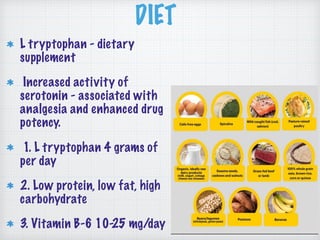 DIET
L tryptophan - dietary
supplement
Increased activity of
serotonin - associated with
analgesia and enhanced drug
potency.
1. L tryptophan 4 grams of
per day
2. Low protein, low fat, high
carbohydrate
3. Vitamin B-6 10-25 mg/day
 