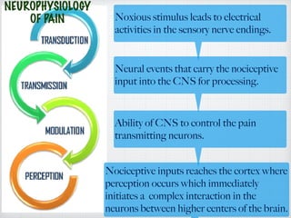Noxious stimulus leads to electrical
activities in the sensory nerve endings.
Neural events that carry the nociceptive
input into the CNS for processing.
Ability of CNS to control the pain
transmitting neurons.
Nociceptive inputs reaches the cortex where
perception occurs which immediately
initiates a complex interaction in the
neurons between higher centers of the brain.
NEUROPHYSIOLOGY
OF PAIN
 