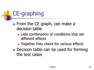 Testing 26
CE-graphing
 From the CE graph, can make a
decision table
 Lists combination of conditions that set
different effects
 Together they check for various effects
 Decision table can be used for forming
the test cases
 