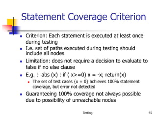 Testing 55
Statement Coverage Criterion
 Criterion: Each statement is executed at least once
during testing
 I.e. set of paths executed during testing should
include all nodes
 Limitation: does not require a decision to evaluate to
false if no else clause
 E.g. : abs (x) : if ( x>=0) x = -x; return(x)
 The set of test cases {x = 0} achieves 100% statement
coverage, but error not detected
 Guaranteeing 100% coverage not always possible
due to possibility of unreachable nodes
 