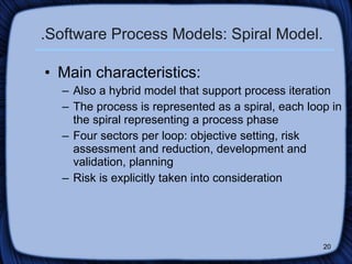 .Software Process Models: Spiral Model. Main characteristics: Also a hybrid model that support process iteration The process is represented as a spiral, each loop in the spiral representing a process phase Four sectors per loop: objective setting, risk assessment and reduction, development and validation, planning Risk is explicitly taken into consideration 