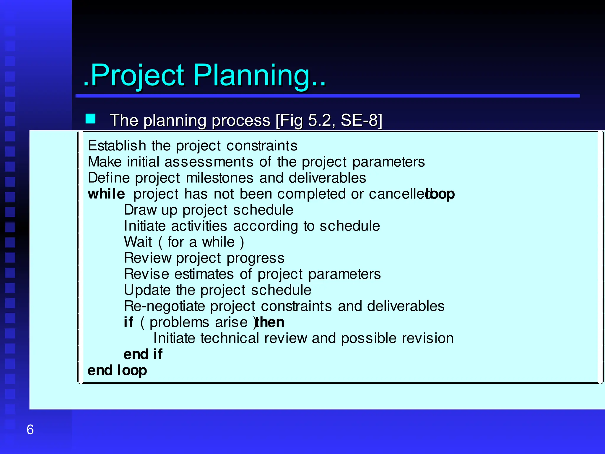6
.Project Planning..
.Project Planning..
 The planning process [Fig 5.2, SE-8]
The planning process [Fig 5.2, SE-8]
Establish the project constraints
Make initial assessments of the project parameters
Define project milestones and deliverables
while project has not been completed or cancelled
loop
Draw up project schedule
Initiate activities according to schedule
Wait ( for a while )
Review project progress
Revise estimates of project parameters
Update the project schedule
Re-negotiate project constraints and deliverables
if ( problems arise )
then
Initiate technical review and possible revision
end if
end loop
 
