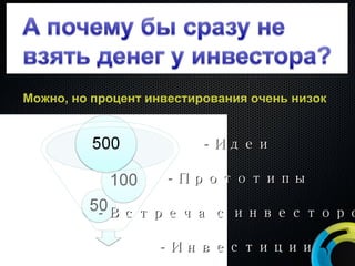 Можно, но процент инвестирования очень низок - Идеи - Прототипы - Встреча с инвестором - Инвестиции 