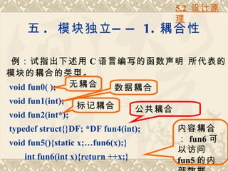 5.2 设计原
                                          理
    五 . 模块独立 — — 1. 耦合性

例：试指出下述用 C 语言编写的函数声明 所代表的
模块的耦合的类型。
void fun0( ); 无耦合 数据耦合
void fun1(int);
                   标记耦合            公共耦合
void fun2(int*);
typedef struct{}DF; *DF fun4(int);        内容耦合
void fun5(){static x;…fun6(x);}           ： fun6 可
                                          以访问
    int fun6(int x){return ++x;}          fun5 的内
 