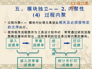 5.2 设计原
                           理
      五 . 模块独立 — — 2. 内聚性
           ( 4) 过程内聚
   过程内聚 — — 模块内处理元素彼此 相关且必须按特定
    的次序 执行。
   使用程序流程图作为工具设计软件时，常常通过研究流程
    图确定模块的划分，这样得到的往往是过程内聚的模块。
    读入        审查    统      打印
    成绩单       成绩单   计      成绩
                    成
                    绩
          读入并审查         统计并打印
           成绩单           成绩单
 