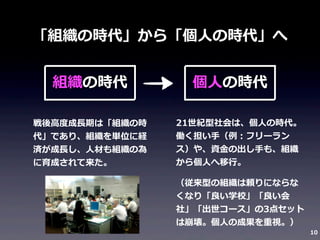「組織の時代」から「個⼈人の時代」へ
組織の時代
戦後⾼高度度成⻑⾧長期は「組織の時
代」であり、組織を単位に経
済が成⻑⾧長し、⼈人材も組織の為
に育成されて来た。

個⼈人の時代
21世紀型社会は、個⼈人の時代。
働く担い⼿手（例例：フリーラン
ス）や、資⾦金金の出し⼿手も、組織
から個⼈人へ移⾏行行。
（従来型の組織は頼りにならな
くなり「良良い学校」「良良い会
社」「出世コース」の3点セット
は崩壊。個⼈人の成果を重視。）

10

 