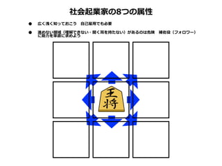 社会起業家の8つの属性
•
•

広く浅く知っておこう 　⾃自⼰己雇⽤用でも必要
進めない領領域（理理解できない・聞く⽿耳を持たない）があるのは危険 　補佐役（フォロワー）
に助⼒力力を率率率直に求めよう

 