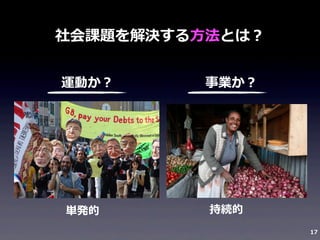社会課題を解決する⽅方法とは？
運動か？

単発的

事業か？

持続的
17

 