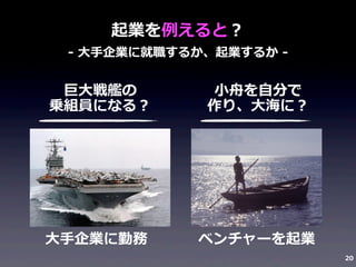 起業を例例えると？

-‐‑‒	
  ⼤大⼿手企業に就職するか、起業するか	
  -‐‑‒	
  

巨⼤大戦艦の
乗組員になる？

⼩小⾈舟を⾃自分で
作り、⼤大海に？

⼤大⼿手企業に勤務

ベンチャーを起業
20

 