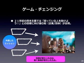 ゲーム・チェンジング

• ２１世紀の資本主義では「困っている⼈人を助けよ
う！」との⽬目標に向け進む船（企業/団体）が出現。

共通した
ミッション

⽬目標が変わったのは、
働く動機が変化したため。

23

 