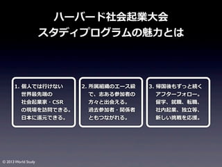 ハーバード社会起業⼤大会
スタディプログラムの魅⼒力力とは

1.	
  個⼈人では⾏行行けない
	
  	
  	
  	
  世界最先端の
	
  	
  	
  	
  社会起業家・CSR
	
  	
  	
  	
  の現場を訪問できる。
	
  	
  	
  	
  ⽇日本に還元できる。

© 2013 World Study

2.	
  所属組織のエース級
	
  	
  	
  	
  で、志ある参加者の
	
  	
  	
  	
  ⽅方々と出会える。	
  	
  	
  	
  
	
  	
  	
  	
  過去参加者・関係者
	
  	
  	
  	
  ともつながれる。

3.	
  帰国後もずっと続く
	
  	
  	
  	
  アフターフォロー。
	
  	
  	
  	
  留留学、就職、転職、
	
  	
  	
  	
  社内起業、独⽴立立等、
	
  	
  	
  	
  新しい挑戦を応援。

 