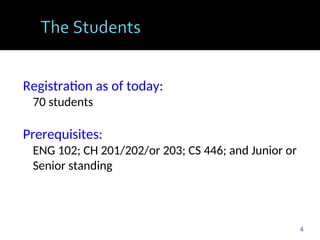 Registration as of today:
70 students
Prerequisites:
ENG 102; CH 201/202/or 203; CS 446; and Junior or
Senior standing
4
 