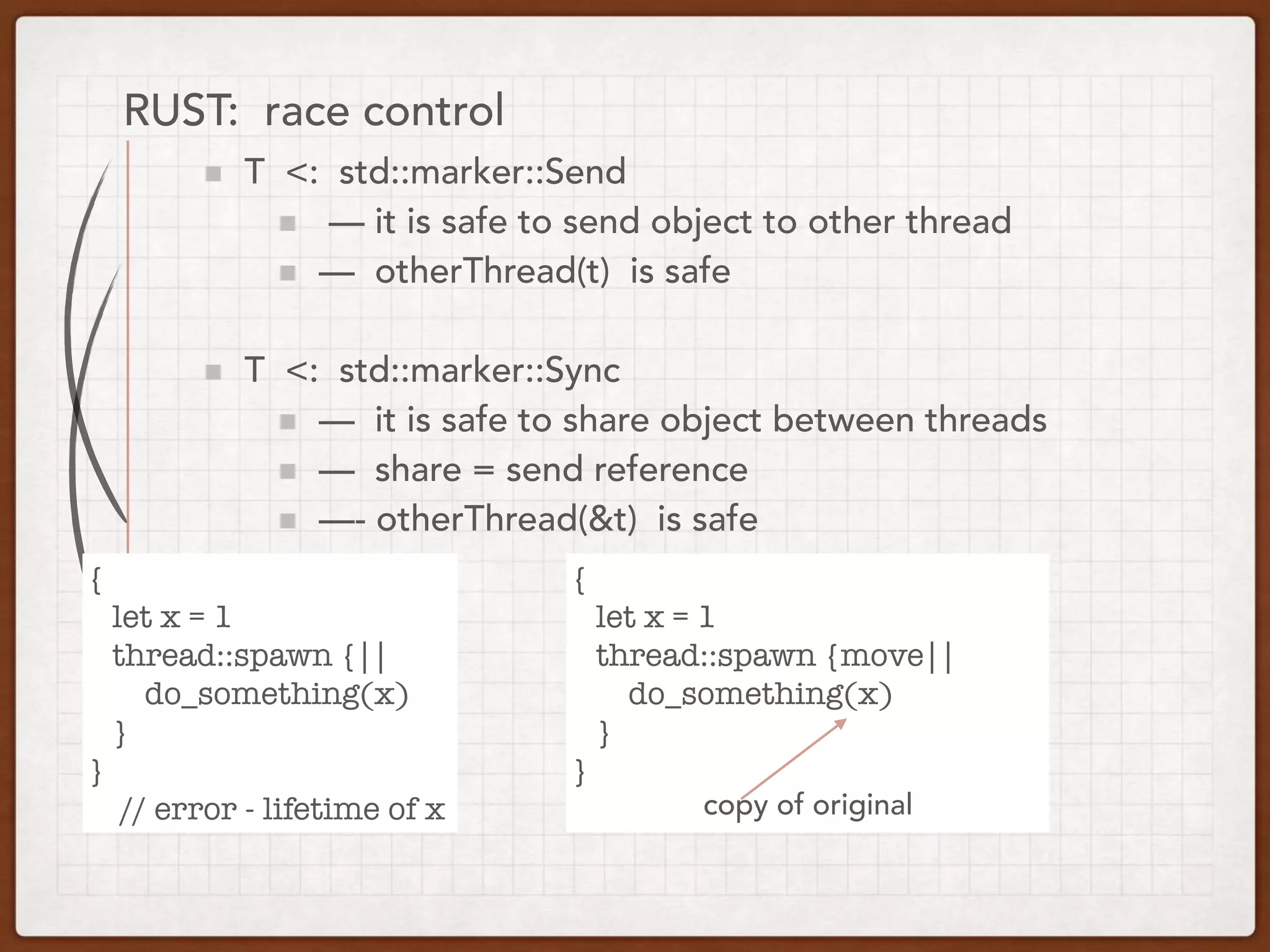 RUST: race control
T <: std::marker::Send
— it is safe to send object to other thread
— otherThread(t) is safe
T <: std::marker::Sync
— it is safe to share object between threads
— share = send reference
—- otherThread(&t) is safe
{
let x = 1
thread::spawn {||
do_something(x)
}
}
// error - lifetime of x
{
let x = 1
thread::spawn {move||
do_something(x)
}
}
copy of original
 