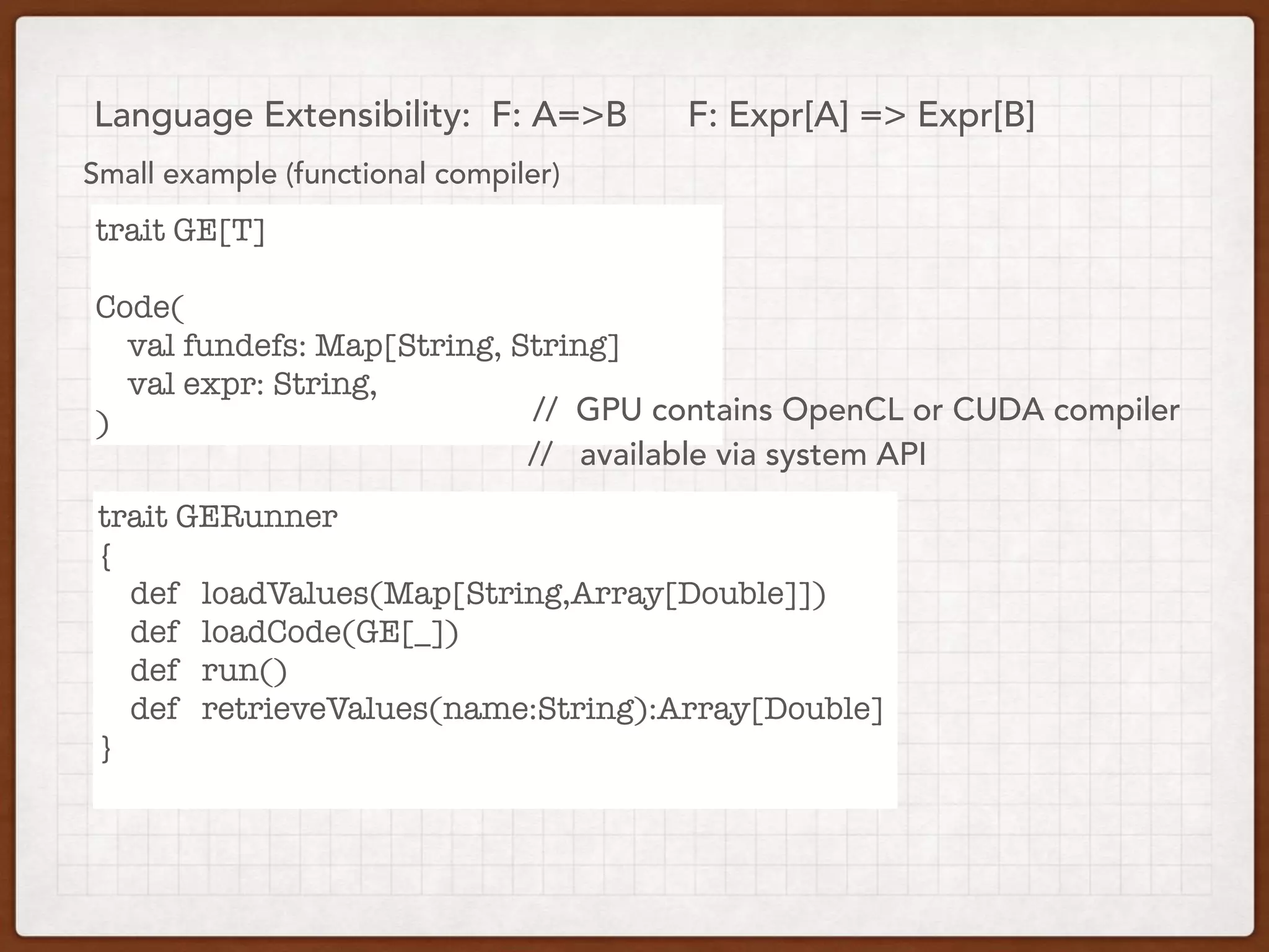 Language Extensibility: F: A=>B F: Expr[A] => Expr[B]
Small example (functional compiler)
trait GE[T]
Code(
val fundefs: Map[String, String]
val expr: String,
)
trait GERunner
{
def loadValues(Map[String,Array[Double]])
def loadCode(GE[_])
def run()
def retrieveValues(name:String):Array[Double]
}
// GPU contains OpenCL or CUDA compiler
// available via system API
 