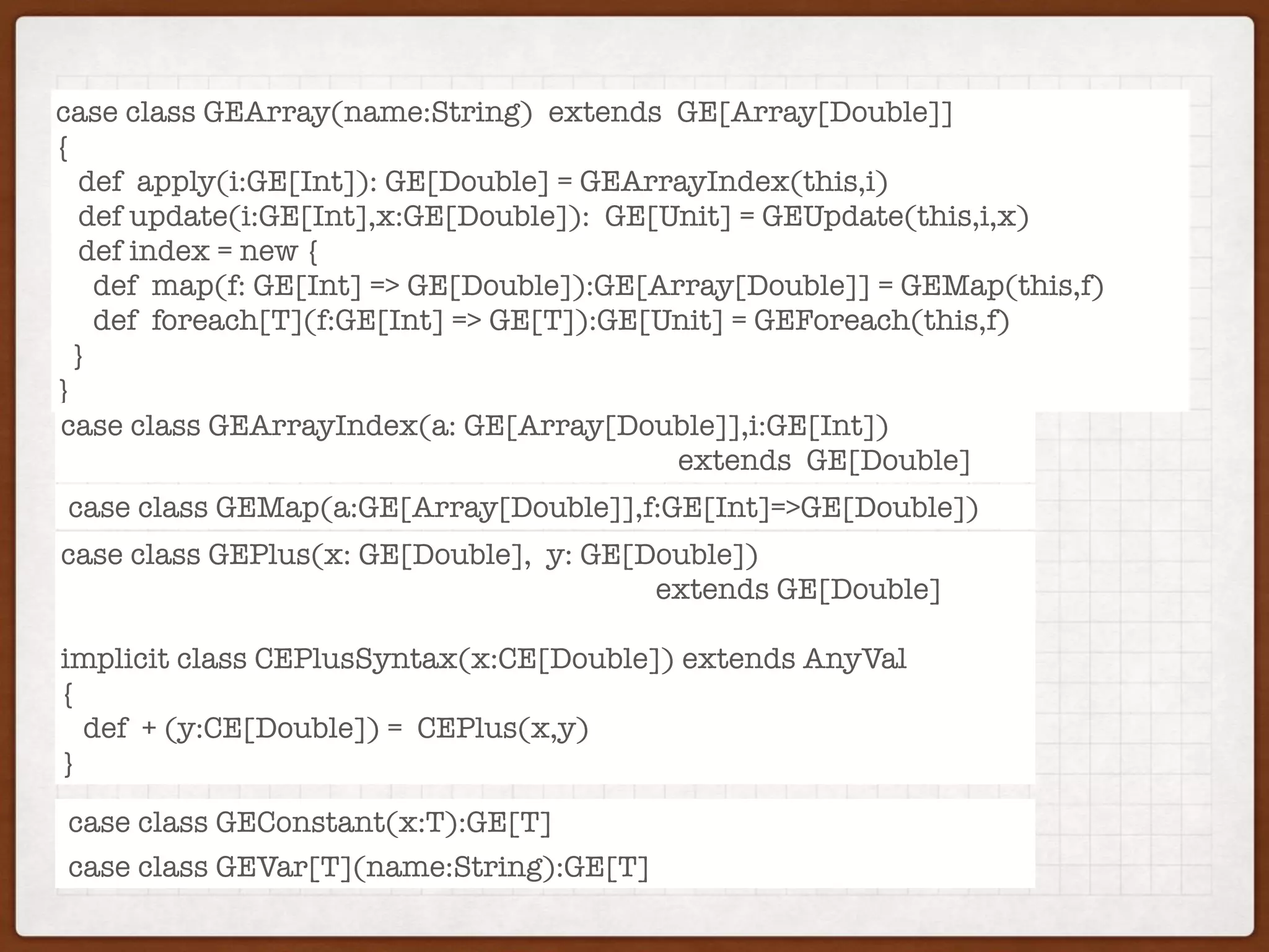 case class GEArray(name:String) extends GE[Array[Double]]
{
def apply(i:GE[Int]): GE[Double] = GEArrayIndex(this,i)
def update(i:GE[Int],x:GE[Double]): GE[Unit] = GEUpdate(this,i,x)
def index = new {
def map(f: GE[Int] => GE[Double]):GE[Array[Double]] = GEMap(this,f)
def foreach[T](f:GE[Int] => GE[T]):GE[Unit] = GEForeach(this,f)
}
}
case class GEPlus(x: GE[Double], y: GE[Double])
extends GE[Double]
implicit class CEPlusSyntax(x:CE[Double]) extends AnyVal
{
def + (y:CE[Double]) = CEPlus(x,y)
}
case class GEMap(a:GE[Array[Double]],f:GE[Int]=>GE[Double])
case class GEArrayIndex(a: GE[Array[Double]],i:GE[Int])
extends GE[Double]
case class GEConstant(x:T):GE[T]
case class GEVar[T](name:String):GE[T]
 