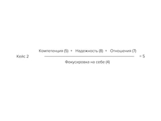 Компетенция (5) + Надежность (8) + Отношения (7)
Фокусировка на себе (4)
Кейс 2	 = 5 	
 