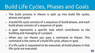 Build Life Cycles, Phases and Goals
 The build process in Maven is split up into build life cycles,
phases and goals.
 A build life cycle consists of a sequence of build phases, and each
build phase consists of a sequence of goals.
 A goal represents a specific task which contributes to the
building and managing of a project.
 When you run Maven you pass a command to Maven. This
command is the name of a build life cycle, phase or goal.
 If a life cycle is requested to be executed, all build phases in that
life cycle are executed.
29
 
