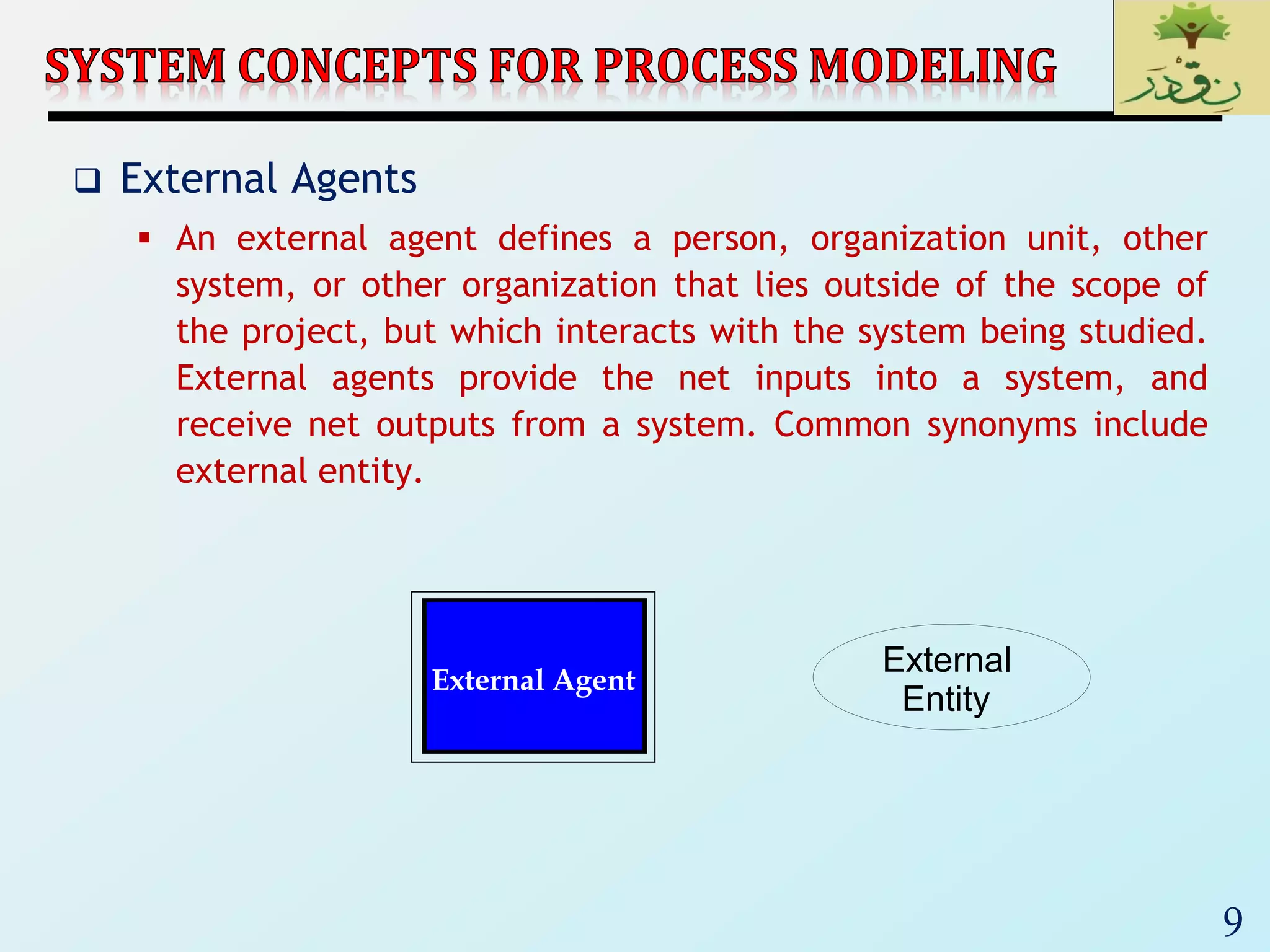 9
 External Agents
 An external agent defines a person, organization unit, other
system, or other organization that lies outside of the scope of
the project, but which interacts with the system being studied.
External agents provide the net inputs into a system, and
receive net outputs from a system. Common synonyms include
external entity.
External Agent
External
Entity
 