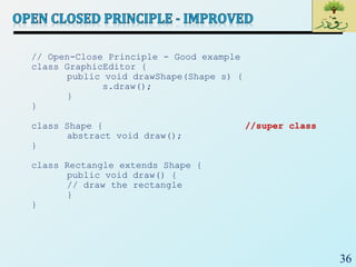 36
// Open-Close Principle - Good example
class GraphicEditor {
public void drawShape(Shape s) {
s.draw();
}
}
class Shape { //super class
abstract void draw();
}
class Rectangle extends Shape {
public void draw() {
// draw the rectangle
}
}
 
