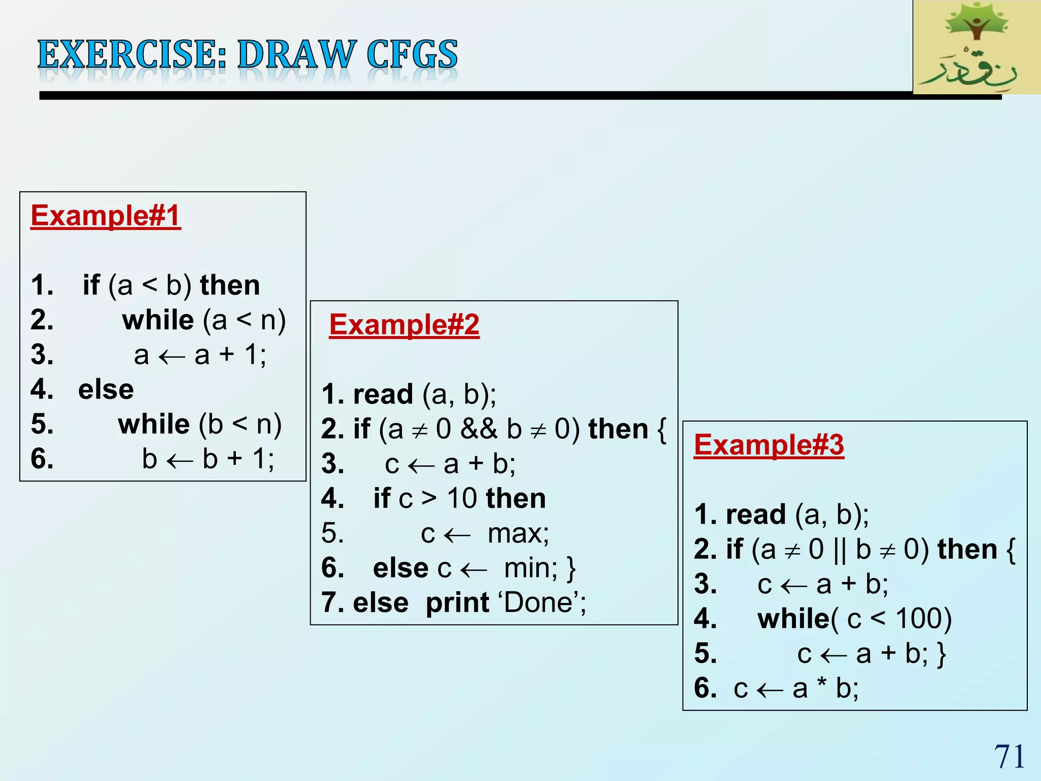 71
Example#1
1. if (a < b) then
2. while (a < n)
3. a  a + 1;
4. else
5. while (b < n)
6. b  b + 1;
Example#2
1. read (a, b);
2. if (a  0 && b  0) then {
3. c  a + b;
4. if c > 10 then
5. c  max;
6. else c  min; }
7. else print ‘Done’;
Example#3
1. read (a, b);
2. if (a  0 || b  0) then {
3. c  a + b;
4. while( c < 100)
5. c  a + b; }
6. c  a * b;
 