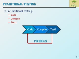 2
 In traditional testing,
 Code
 Compile
 Test!
Code Compile Test!
 