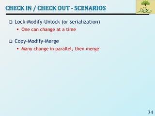 34
 Lock-Modify-Unlock (or serialization)
 One can change at a time
 Copy-Modify-Merge
 Many change in parallel, then merge
 