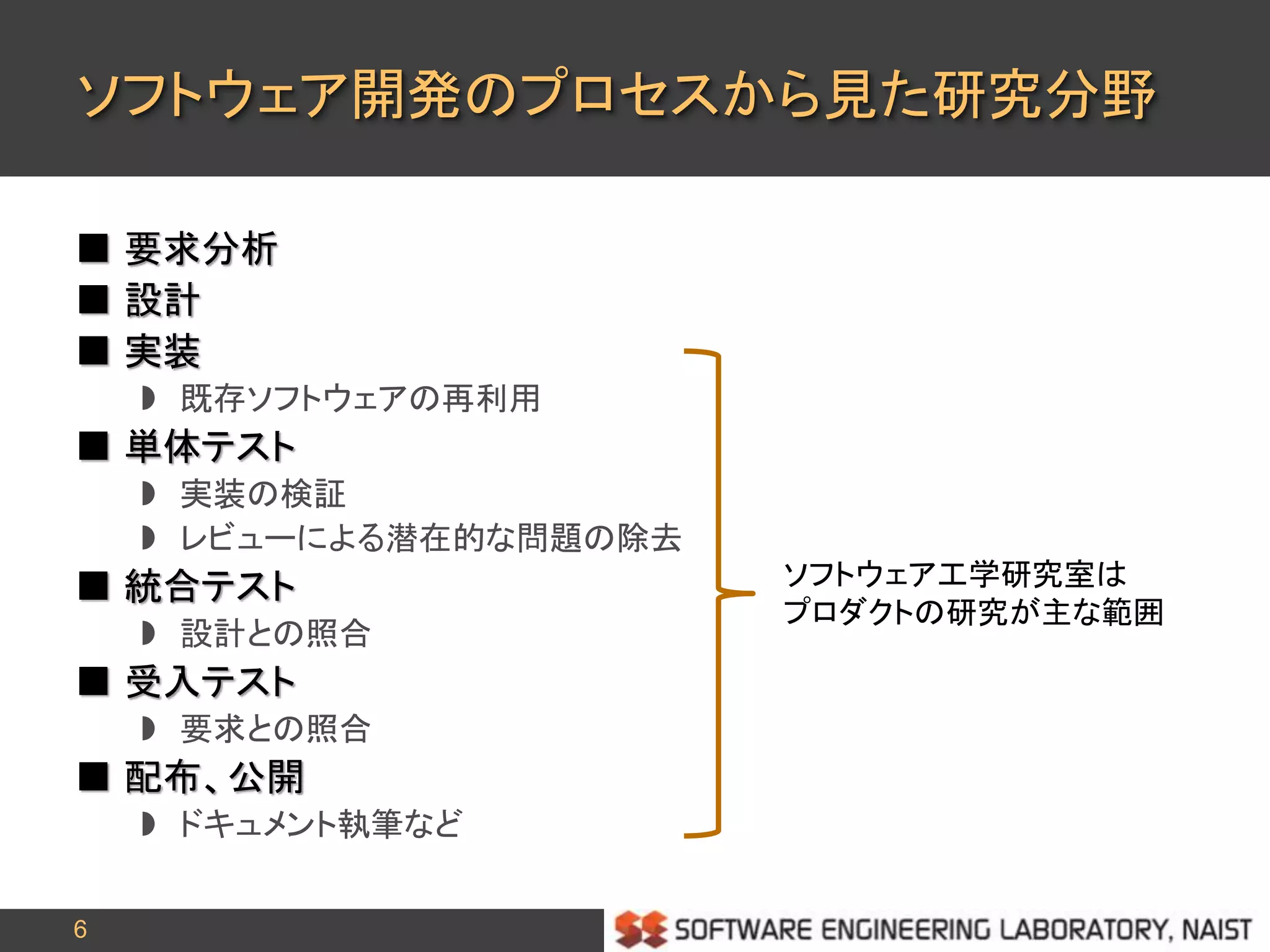6
ソフトウェア開発のプロセスから見た研究分野
 要求分析
 設計
 実装
 既存ソフトウェアの再利用
 単体テスト
 実装の検証
 レビューによる潜在的な問題の除去
 統合テスト
 設計との照合
 受入テスト
 要求との照合
 配布、公開
 ドキュメント執筆など
ソフトウェア工学研究室は
プロダクトの研究が主な範囲
 