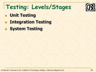 Testing: Levels/Stages
 Unit Testing
 Integration Testing
 System Testing
14
 